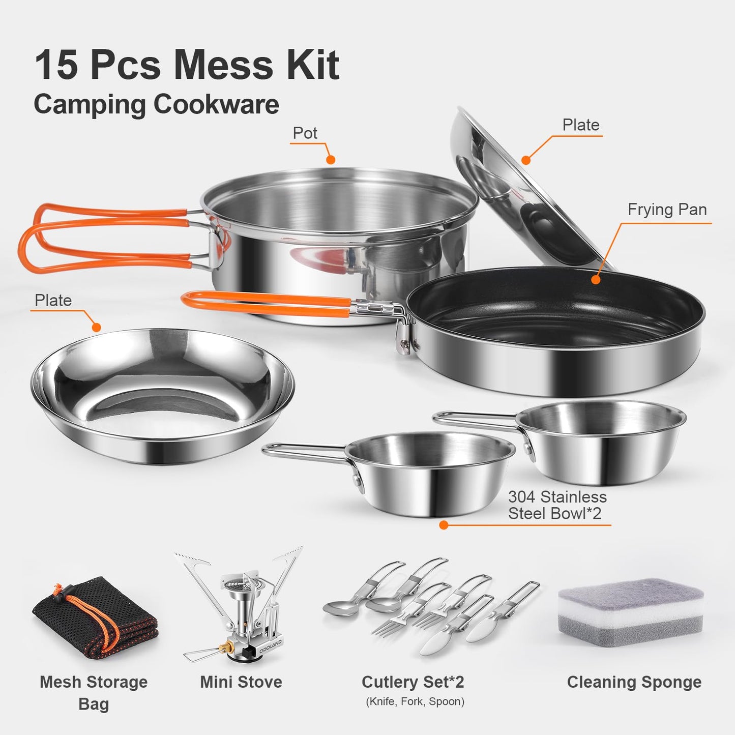 Odoland 15pcs Stainless Steel Camping Cookware Camping Pot and Pan Set with Portable Camping Stove Camping Mess Kit with Plates Bowls Forks Knives Spoons for Hiking Backpacking and Picnic