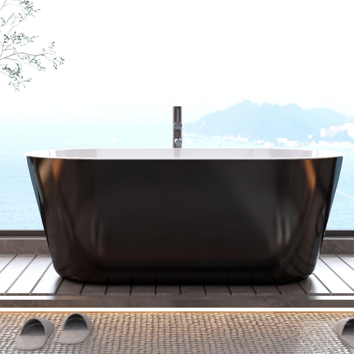 Freestanding Bathtub 59 inch Black and White Acrylic Soaking Tub with Chrome Drain and Overflow, Modern Spa Bath for Bathroom Renovation and Relaxing Home Use