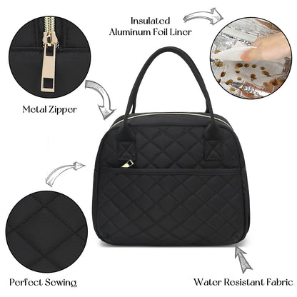 CAMTOP Lunch Box for Women Insulated Lunch Bag Lunchbox Cooler Thermal Leakproof Quilted Reusable Lunch Tote Bag for Work School Travel Picnic (Black)