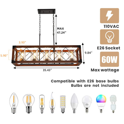 WJShome 35" Farmhouse Chandelier, 5-Light Kitchen Island Lighting, Modern Rectangular Dining Room Light Fixture, Rustic Wooden Chandeliers, Linear Pendant Light, with Clean Glass Shade