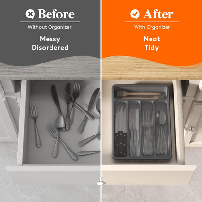 Lifewit Silverware Organizer with Lid, Covered Utensil Tray for Kitchen Drawer and Countertop, Plastic Cutlery and Flatware Storage Box for Spoons Forks Knives Holder Case, 6 Compartments, Black
