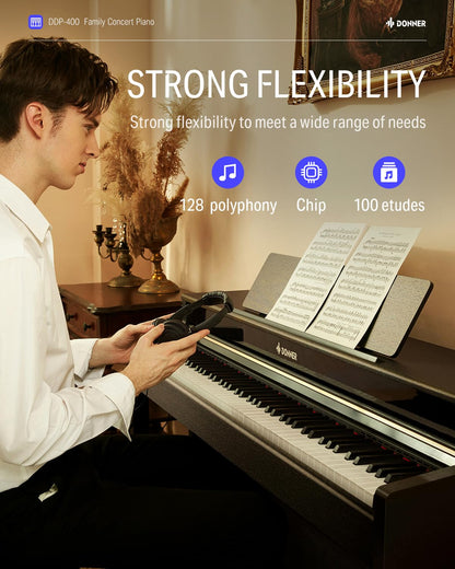 Donner DDP-400 Digital Piano with 88 Key Progressive Weighted Keyboard, Premium Upright Piano Keyboard for Professional, Bundle with Headphone, Bluetooth, Record,138 Tones,100 Rhythms, LCD, Brown