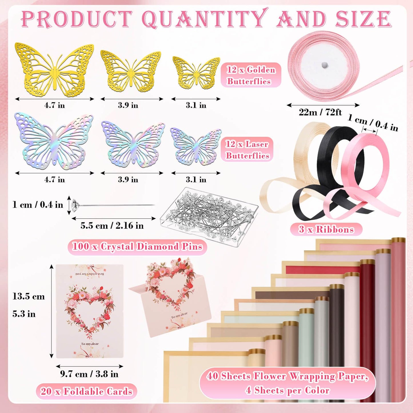 Thrilez 187PCS Flower Bouquet Wrapping Paper Kit Includes 40 Floral Paper, 24 Butterflies, 100 Bouquet Pins, 3 Ribbons and 20 Greeting Cards for Mother's Day Wedding Baby Shower Graduation