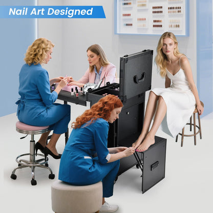 Joligrace Rolling Manicure Table with Pedicure Chair 4 Drawers Rolling Makeup Case Foldable Nail Desk Cosmetology Case on Wheels Brush Pouch Mirror Nail Kits Technician Workstation Artist Trolley