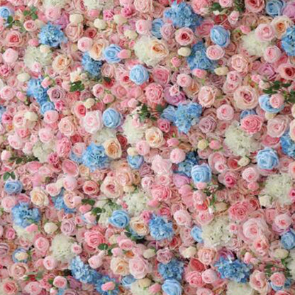 JIIPOREGJ Handmade Blue Pink Floral Rose Wall Large Artificial Flower Wall Backdrop Panels Rose Wedding Backdrop 3D Floral Wall Fabric Flower Wall for Party Baby Shower B