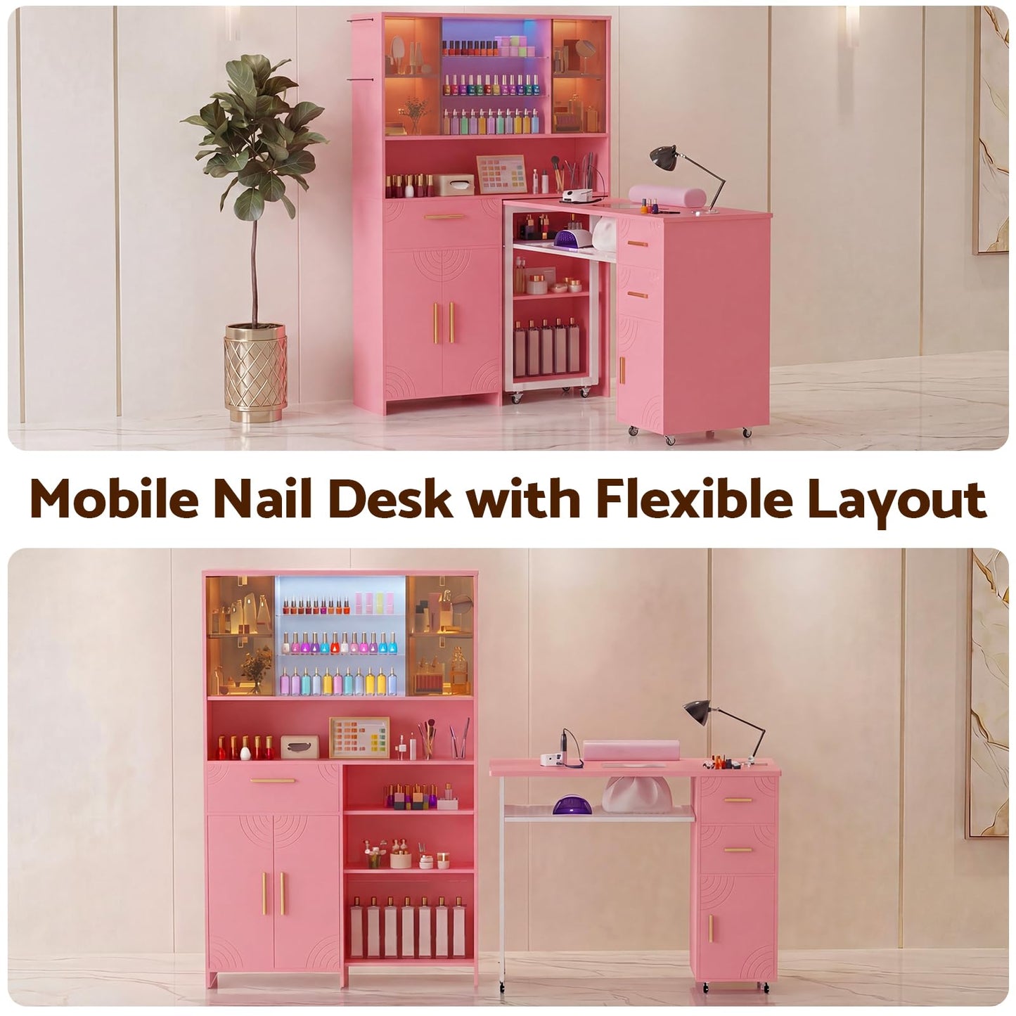 Mobile Manicure Table with Dust Collector, Double Tabletop Nail Desk for Technician, Nail Station w/Display Shelves, 3 Adjustable Layers, Drawers, Cabinets, Sliding Door & LED Light Strip, Pink