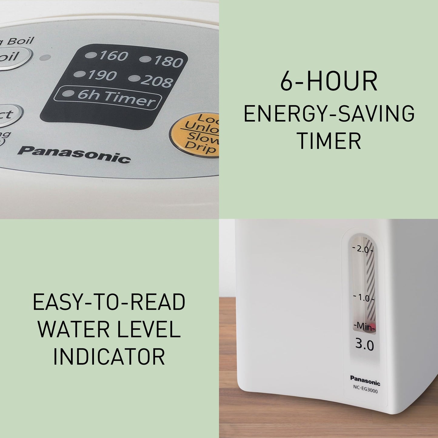 Panasonic 3L Water Boiler Electric Hot Water Dispenser Countertop w/Slow-Drip Mode for Coffee & Tea, 4 Temp Presets, Charcoal‑Purified Stainless, Auto Shut‑Off, Timer & Safety Lock - NC-EG3000
