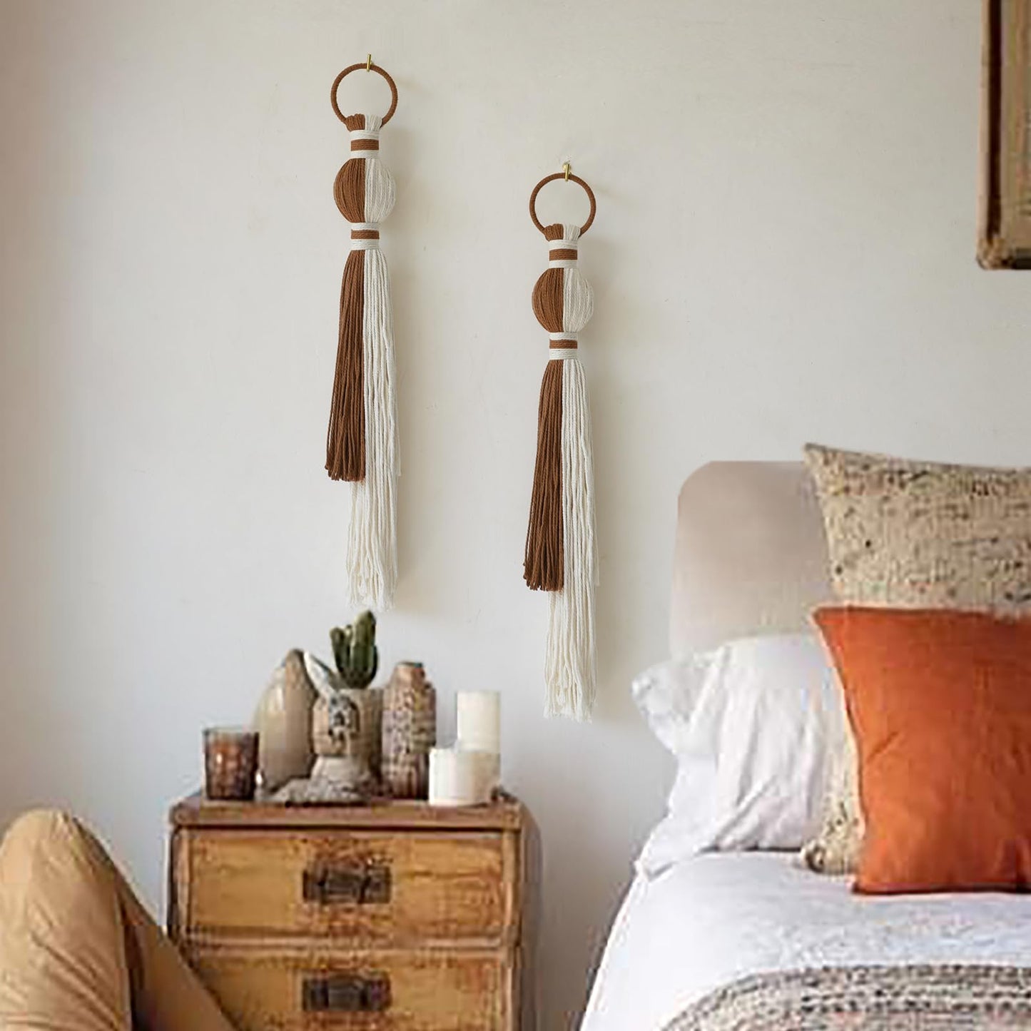 IOWER 2Pcs Macrame Wall Hanging Boho Home Decor Fiber Art with Sphere Knots Tassels Handmade Yarn Art for Bedroom Living Room Office Entryway