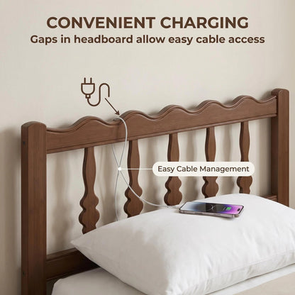 Bednowitz 14 Inch Twin Bamboo Bed Frame with Mid-Century Wavy Headboard, Heavy Duty Solid Wood Platform Bed with Metal Slats, Noise-Free, Easy Assembly, Walnut Finish