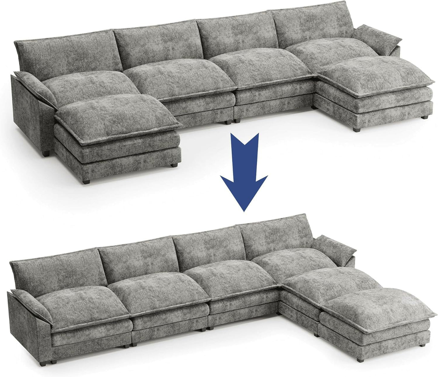 Shahoo Sectional Modular Sofa U Shaped Chenille Fabric Couch with High Supportive & Soft Sponges and Removable Ottoman, Sleeper Comfy Upholstered Furniture for Living Room, Dark Grey