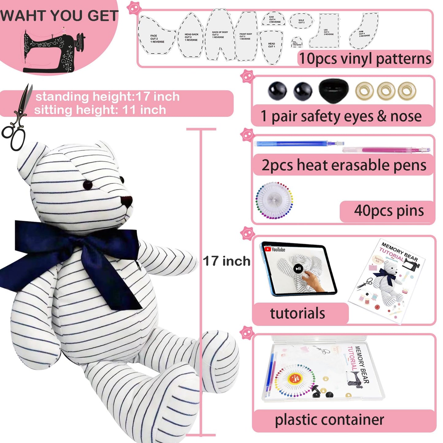 Topapfo Large 17 Inch Memory Bear Patterns for Sewing, Beginner Friendly Teddy Bear Templates with Detailed Instruction, Safety Eyes Noses Pins (17 Inch)