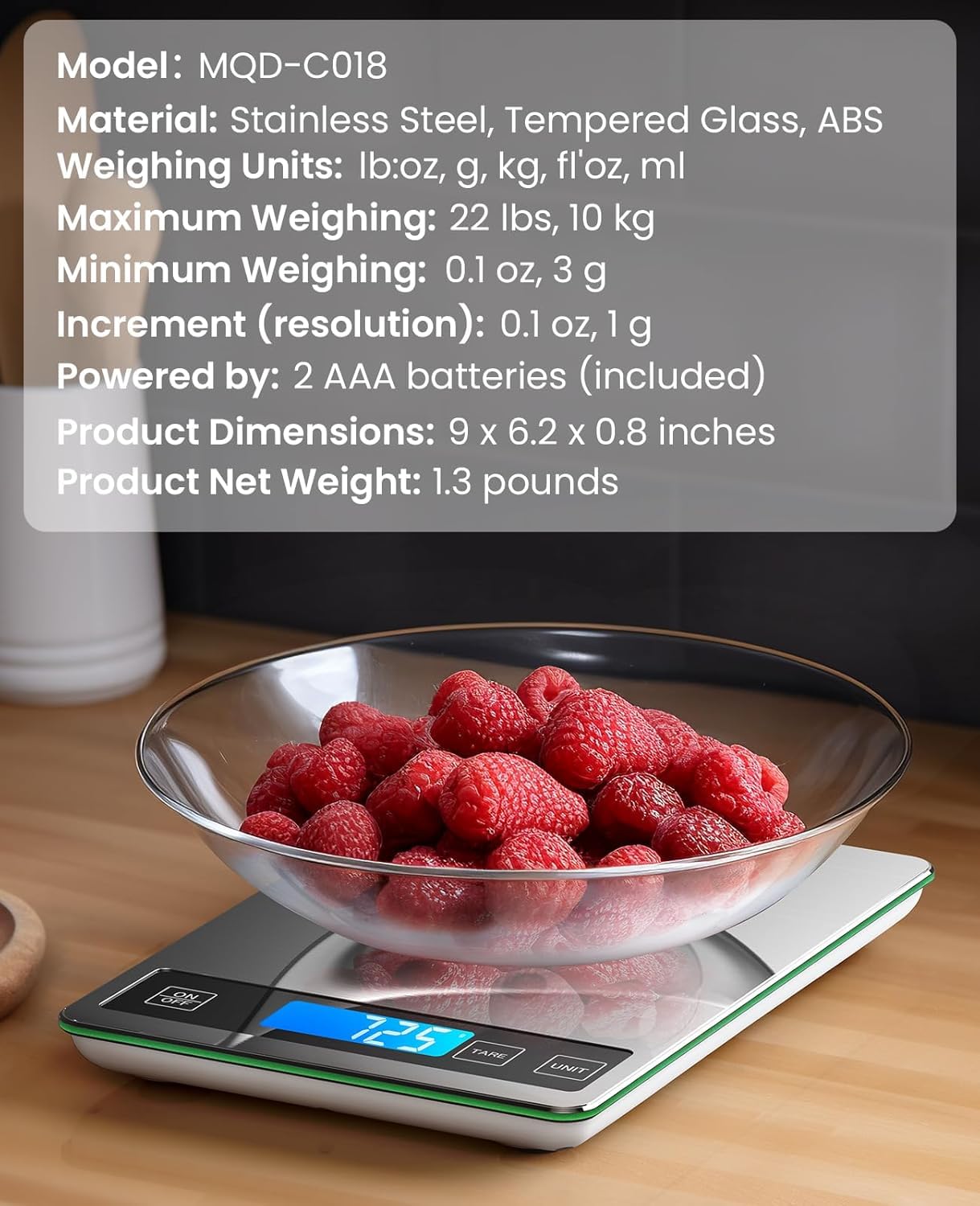 Nicewell Food Scale, 22lb Digital Kitchen Scale Weight Grams and oz for Cooking Baking, 1g/0.1oz Precise Graduation, Stainless Steel and Tempered Glass