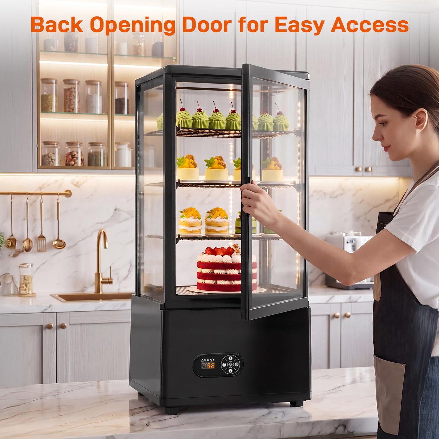 Commercial Cake Display Refrigerator, 78L Countertop Glass Cooler with LED Light, 32-53.6°F Digital Thermostat, Frost-Free Pastry Showcase for 11" Cake, Tempered Glass & Rear Door for Bakery/Cafe/Home
