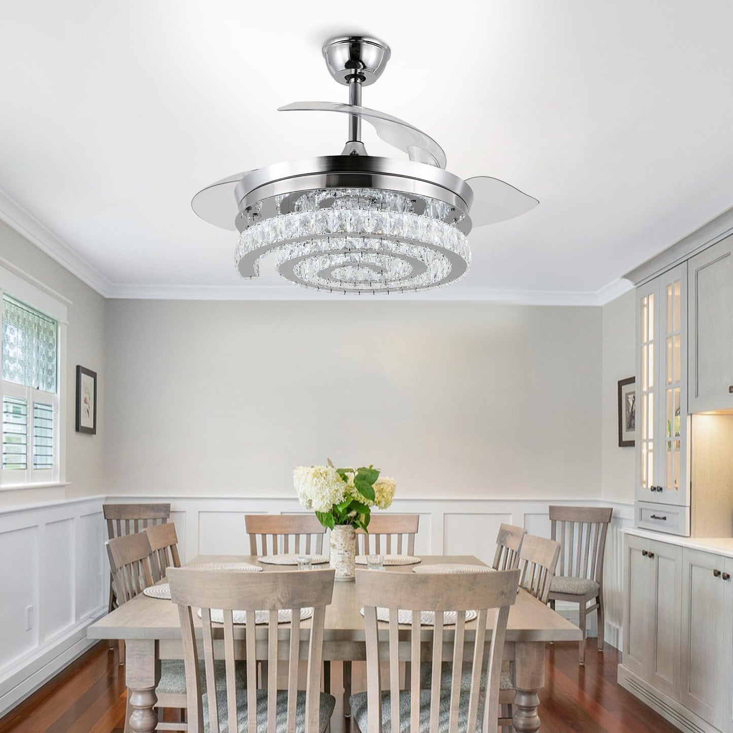 FRIXCHUR 42" Crystal Chandelier Ceiling Fans with Lights and Remote Dimmable Fandelier Retractable Crystal Ceiling Fans 3 Rings Invisible Blades Crystal Ceiling Fans for Bedroom Living Room 30W*2