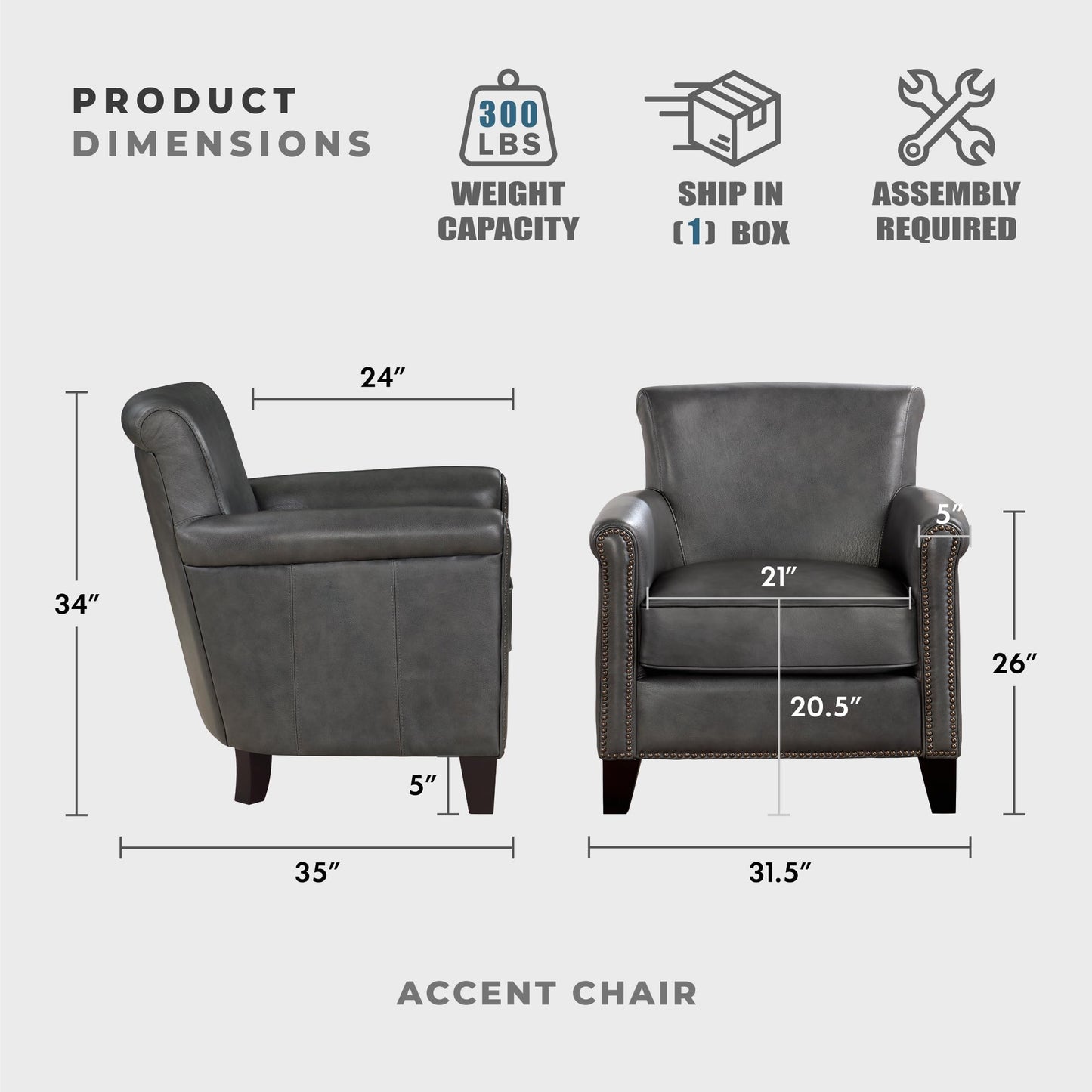 Lexicon 100% Top Grain Genuine Leather Chair, Leather Accent Chairs for Living Room, Solid Wood Frame, Rolled Armrest & Nailhead Trim, Comfy Reading for Bedroom, Office, Waiting Room, Classic Gray