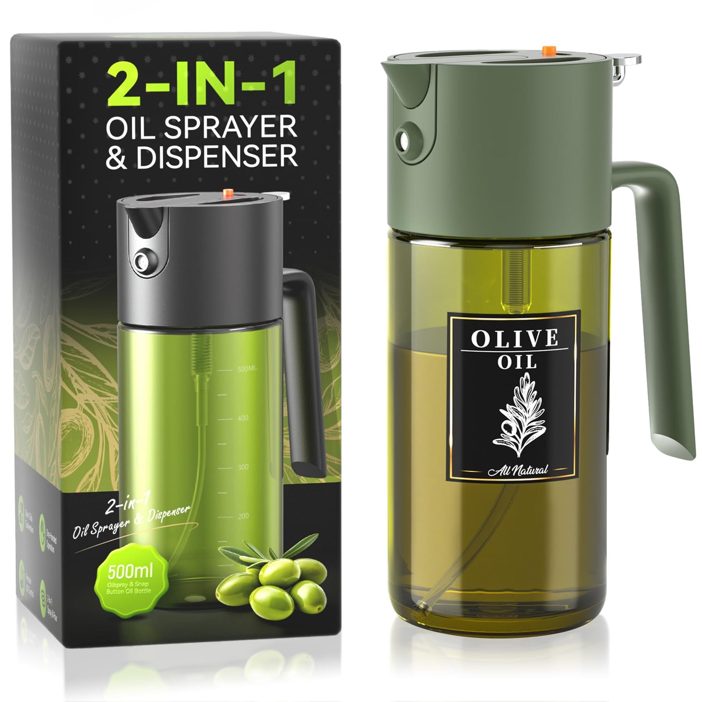 2-IN-1 500ml/17oz Light-Blocking Dark Oil Sprayer for Cooking with Sticker, Dark Green Glass Olive Oil Dispenser Bottle for Kitchen, Even Spray with Portion Control, Perfect for Air Fryer, BBQ - Black