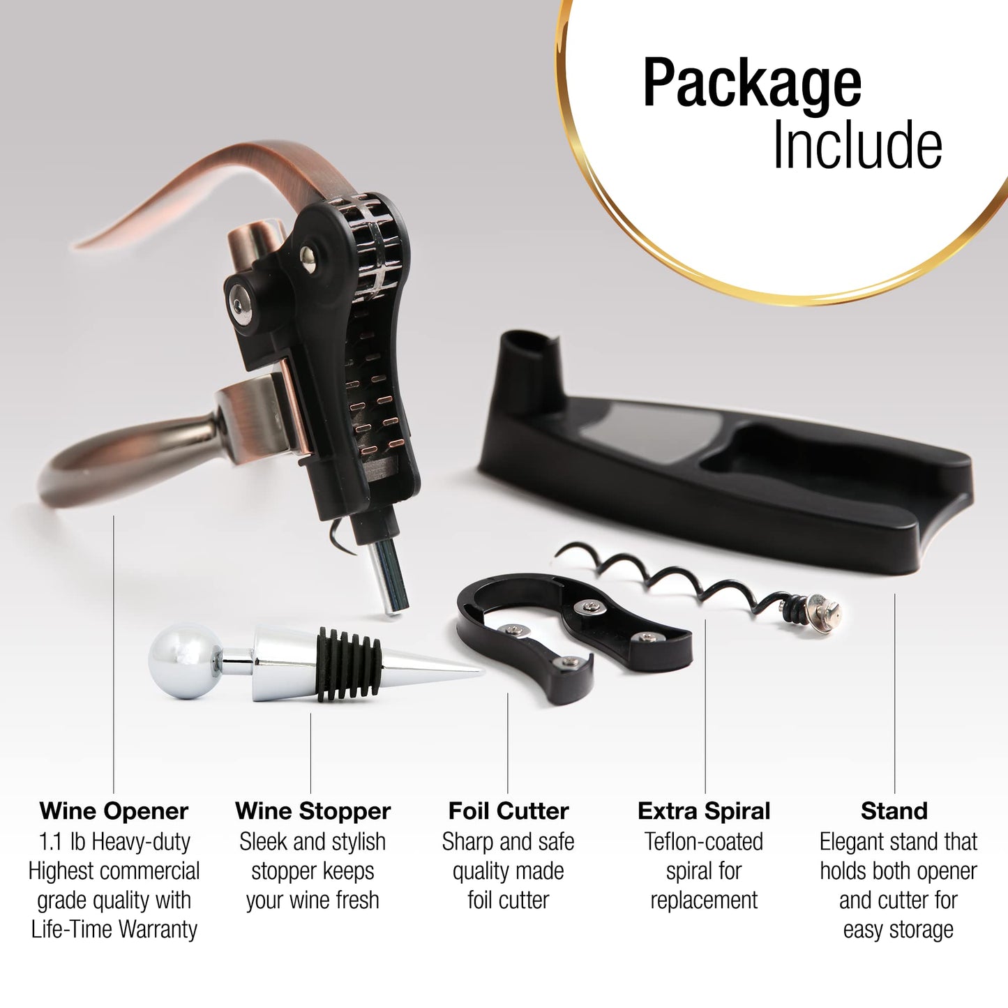 Wine Bottle Opener Corkscrew Set – Luxiluxy [2024 upgraded, does NOT break!] Including Foil Cutter, Bottle Stopper, Opener Stand and Extra Spiral - corkscrews wine opener set- wine opener kit