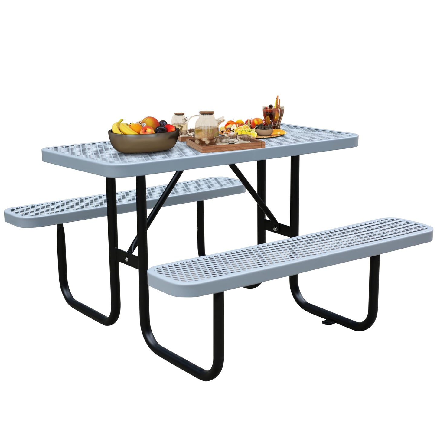 4FT Metal Picnic Tables for Outdoors, Commercial Rectangular Picnic Table and Bench Set for Outside, Patio, Garden, Backyard, Porch, Surface Mount, Grey