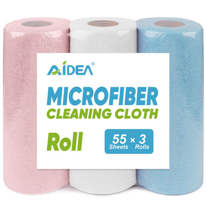 AIDEA Microfiber Cleaning Cloth Roll 165 Sheets(3 Roll), Tear Away Microfiber Towels, Reusable Paper Towels, Washable Shop Rags, Scratch Free, Absorbent Dish Rags for Car, Home, Shop, 11" x 9"
