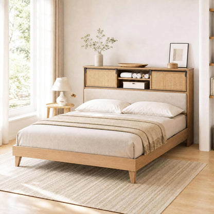 GarveeHome Queen Size Solid Wood Bed Frame with Storage Headboard, Rattan Upholstered Bookcase Headboard with Sliding Doors & Charging Station, No Bos Spring Needed