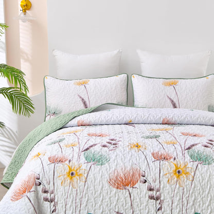 Set 2 Set Sets 68"x86" Dinjoy Floral Quilt Twin Size,Sage Green Bedspreads for Girls Pieces Cute Botanical Bedding