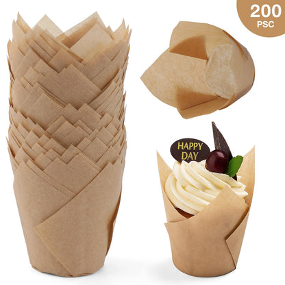 200pcs Tulip Cupcake Liners, Standard Greaseproof Paper Baking Cups Muffin Liners Holders Perfect for Bridal Showers, Baby Showers, Birthday Parties, Banquets, and Catering Events (Natural)
