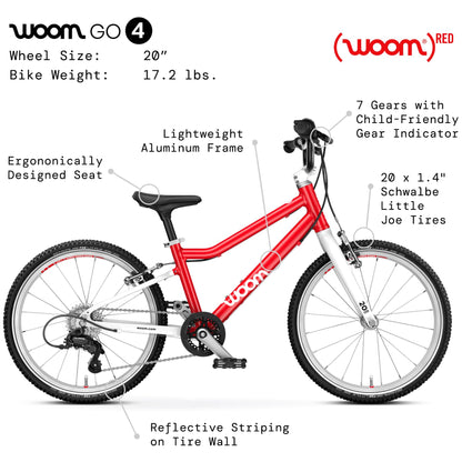 woom GO 4 Bicycle for Kids 6 to 8 Years Old, 20-Inch Lightweight 7-Speed Bike for Beginner Riders with Handbrake for Boys & Girls - Red