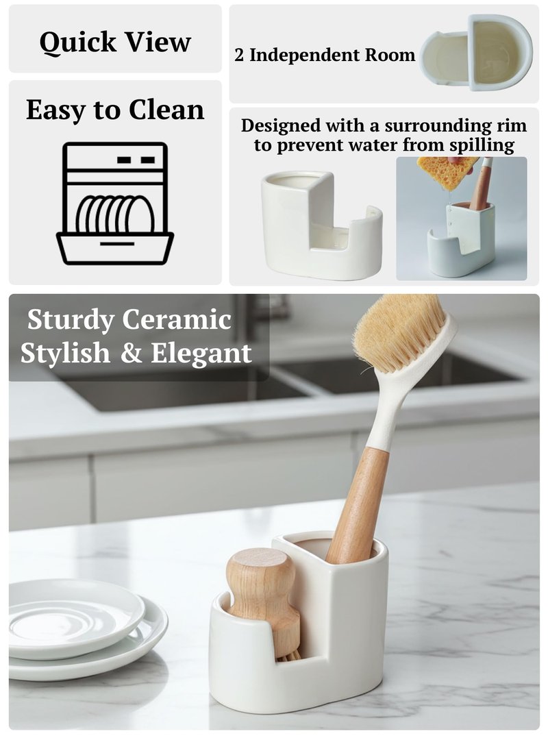 Ceramic Sponge Holder for Kitchen Sink, 2-in-1 Sponge & Brush Organizer, Compact Countertop Sink Caddy with Raised Edge to Catch Drips, Keeps Countertops Dry, Dishwasher Safe, Rustproof, White