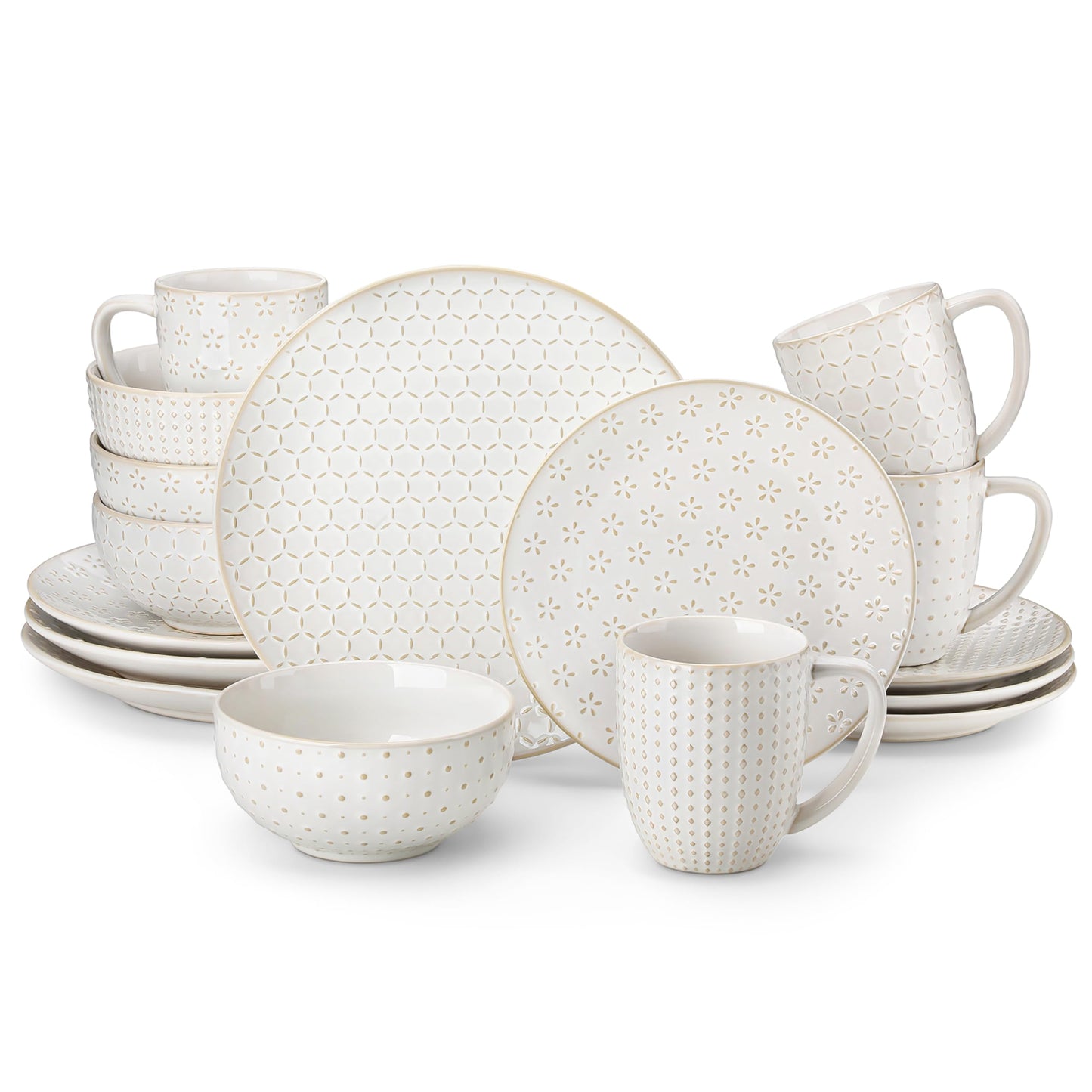 MALACASA 16 Pieces Dinnerware Sets, Modern Relief Design Plates and Bowls Sets, White Dish Set for 4, Kitchen Ceramic Dinner Plates Dishware Set, Microwave and Dishwasher Safe, Series LYDIA