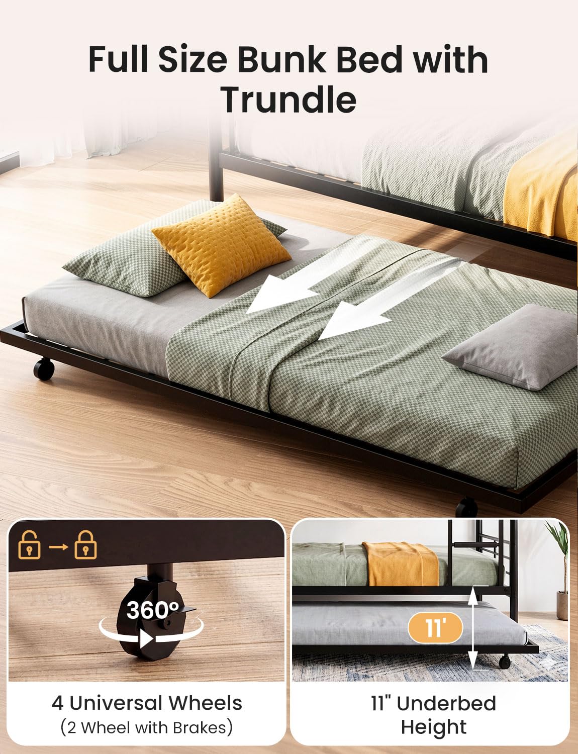 Mixcous Full Over Full Bunk Bed with Trundle, Heavy Duty Metal Bed Frame with Full-Length Guardrails & Ladder, 3-in-1 Convertible Full Bunk Bed, Noise-Free, No Box Spring Needed, Black