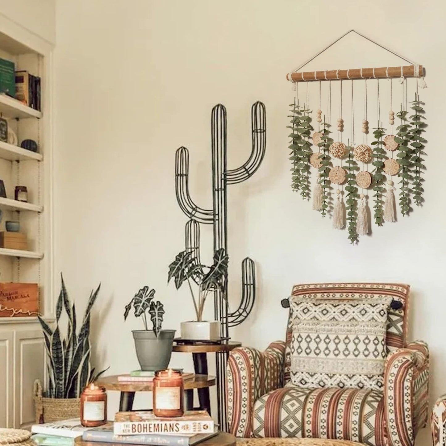 Artificial Eucalyptus Wall Decor, Rustic Farmhouse Boho Forest Greenery Wall Hanging with Wooden Head, Sage Green Bathroom Accessories，home decor for Bathroom Bedroom Dining Room Office Nursery