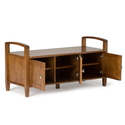SIMPLIHOME Warm Shaker Entryway Storage Bench - 44 inch Wide Solid Wood Storage Seat in Light Golden Brown, Transitional Bench Seat for Mudroom or Living Room with Lift-Up Lid and Shaker-Style Panels