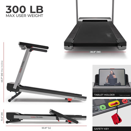 Sunny Health & Fitness Foldable 15 Level Auto Incline Treadmill, 20" Wide Running Belt, Quiet Brushless, Digital Display, 300 LB Weight Capacity, SunnyFit App Bluetooth Connection