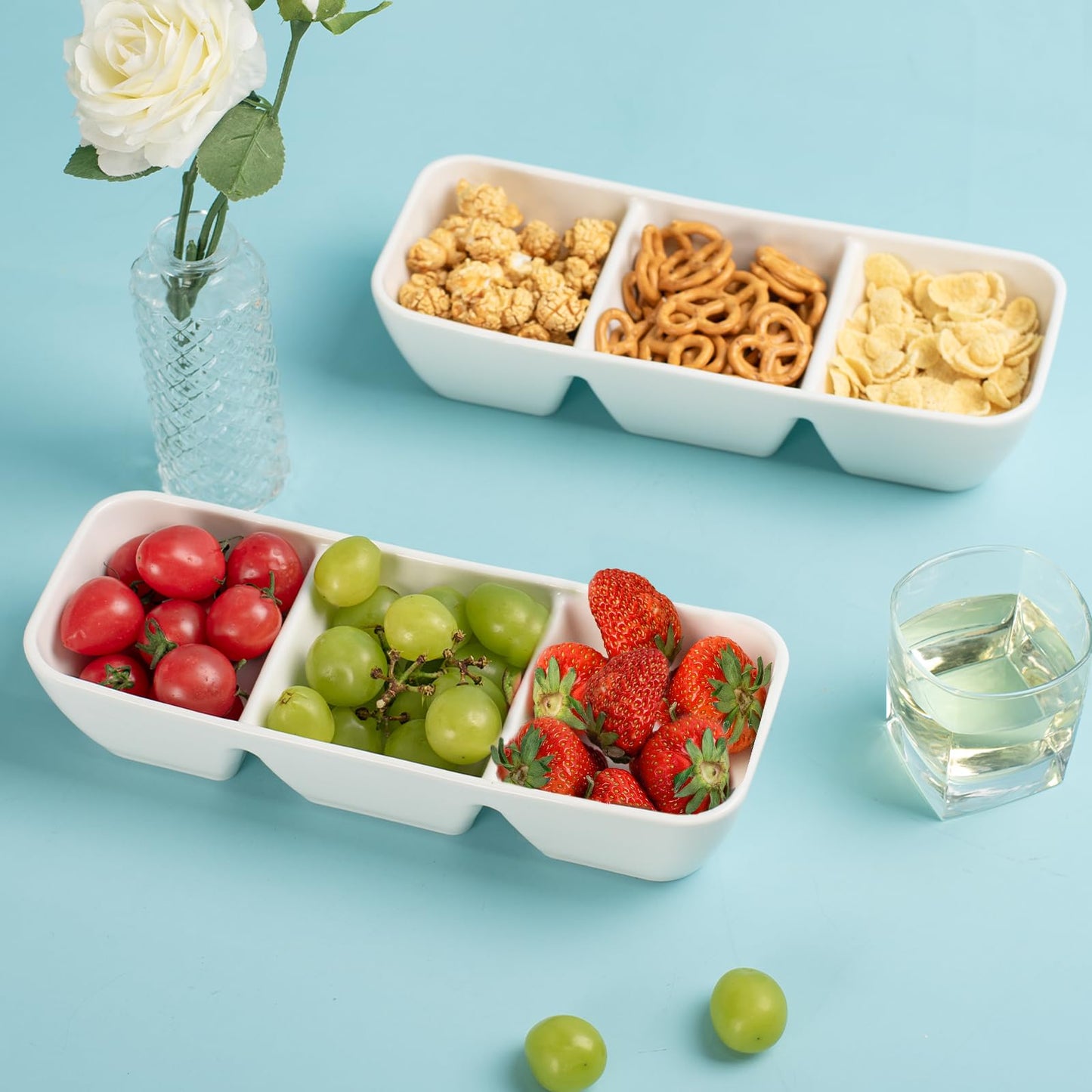 LUFILUFI Ceramic Divided Serving Tray 11 Inch, 3 Compartment White Condiment Tray Set of 2, Stackable Chip and Dip Serving Dish for Entertaining, Appetizer Snack Platter for Party Holiday Game Day