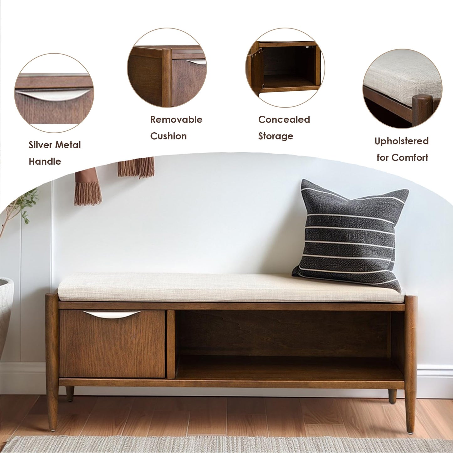 Ink+Ivy Arcadia Entryway Accent Bench with Shelf Shoe Rack, Padded Seating Bench for Living Room, Modern Compact Bed End Bench with Storage for Bedroom Seating, Removable Cushion, 42" W, Walnut Brown