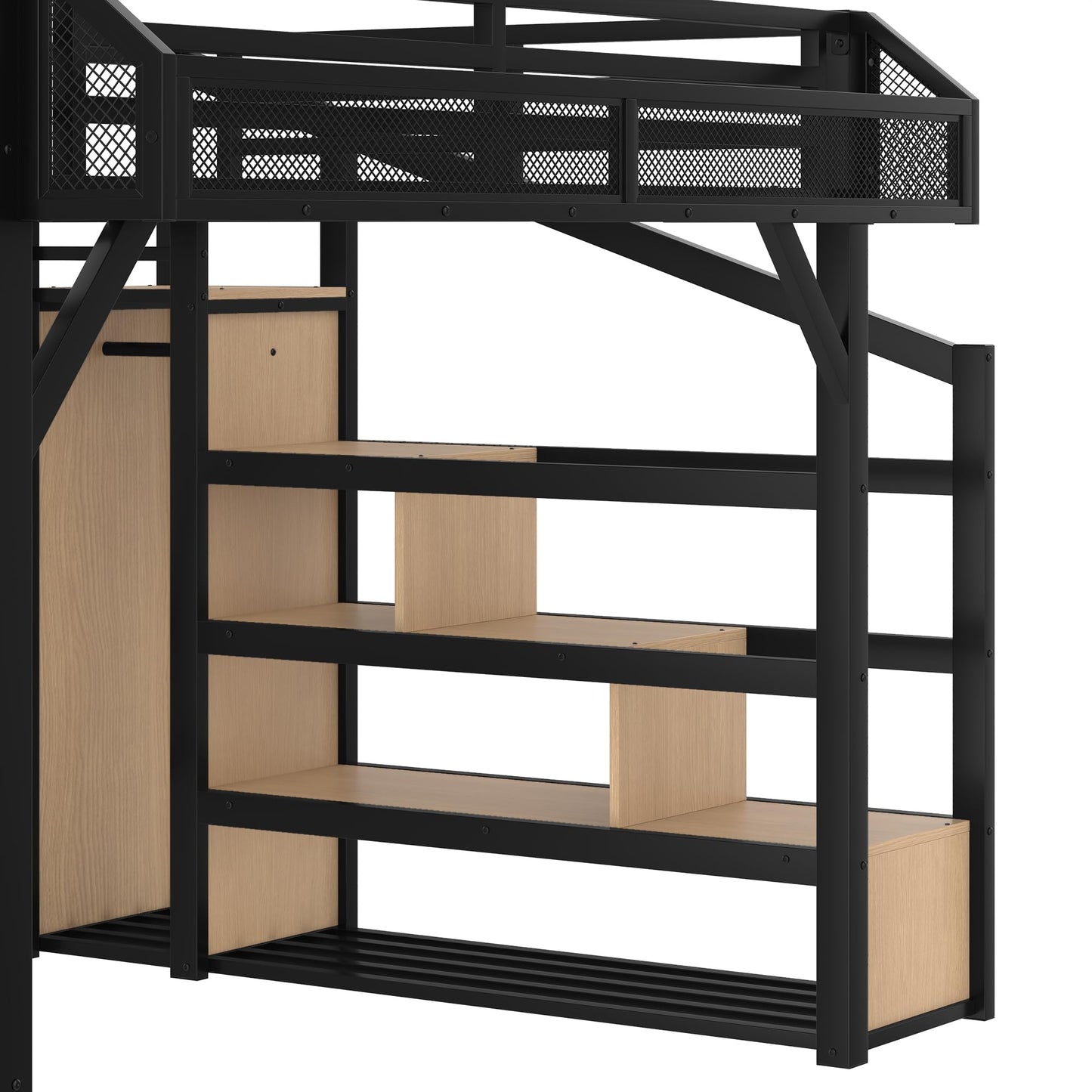 Queen Loft Bed with Stairs and Wardrobe, Queen Size Loft Bed with Charging Station, Lights and Bedside Shelf, Heavy Duty Loft Bed Frame for Adults, Teens, Kids, Noise Free, Natural Wood