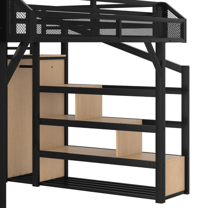 Queen Loft Bed with Stairs and Wardrobe, Queen Size Loft Bed with Charging Station, Lights and Bedside Shelf, Heavy Duty Loft Bed Frame for Adults, Teens, Kids, Noise Free, Natural Wood