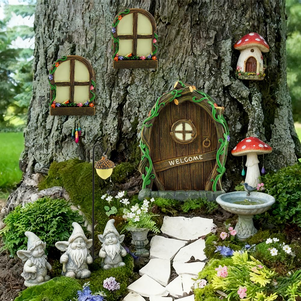 NOVYQREN Miniature Fairy Door and Windows Garden Kit Accessories,Glow in The Dark Fairy Door Windows Yard Art Sculpture Decoration Garden Decor(Wood)