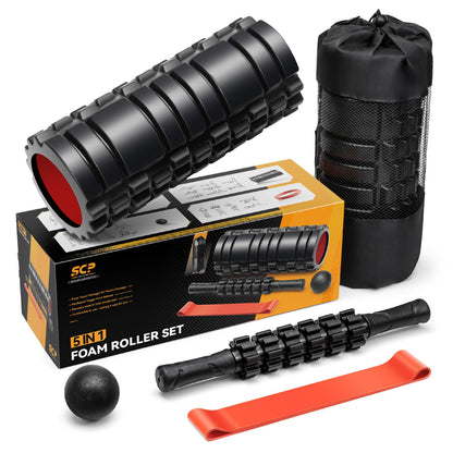 5 in1 Foam Roller Set, Trigger Point Foam Roller, Massage Roller Stick, Massage Ball, Resistance Band for Deep Muscle Massage Pilates Yoga,Fitness Exercise for Whole Body (Black-Red)
