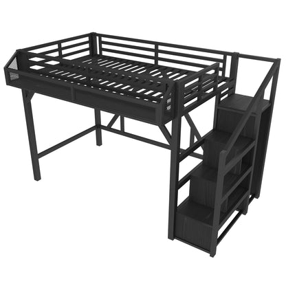 DNYN Loft Bed Frame with Built-in Wardrobe and Storage Stairs for Teens Adults Bedroom, Space-Saving Twin XL Size Bed with LED/USB Ports/Bedside Shelf, No Box Spring Needed & Easy Assemble