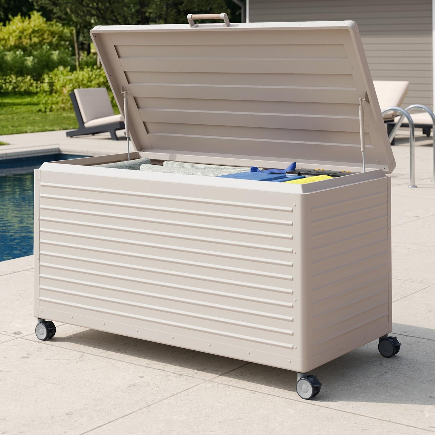 MIRADOR 175 Gallon Outdoor Storage Box with Wheels & Soft-Close Lid, Waterproof Metal Deck Box for Patio Cushions, Garden Tools & Pool Accessories, Latte