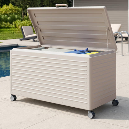 MIRADOR 175 Gallon Outdoor Storage Box with Wheels & Soft-Close Lid, Waterproof Metal Deck Box for Patio Cushions, Garden Tools & Pool Accessories, Latte