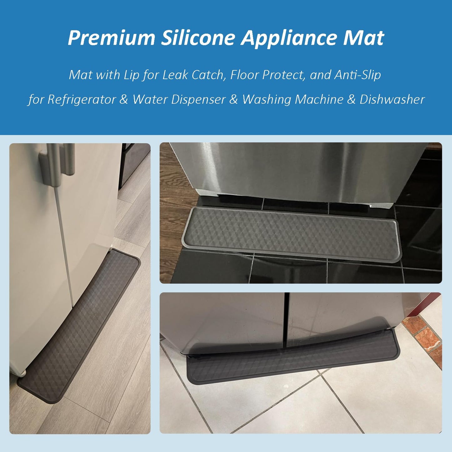 Refrigerator Floor Mat, Decent Silicone Mat in Front of Fridge, Appliance Floor Mat with Lip for Leak Catch and Floor Protect, Drip Tray for Fridge & Water Dispenser & Dishwasher - 37.4"x8.5", Grey