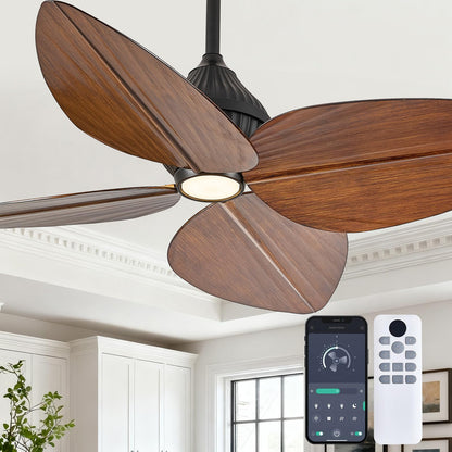 Fanyank 52“ Leaf Ceiling Fan with Light, Remote and App Control, 6 Speed Reversible, 3 Color Dimmable, Tropical Coastal Fandelier Ceiling Fans, for Bedroom, Living Room (Dark Brown)
