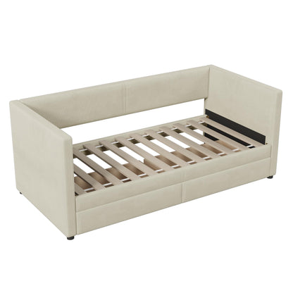 Merax Twin Size Corduroy Daybed with Two Drawers and Wood Slat,Sofa Bed Frame for Bedroom,Teens,Beige