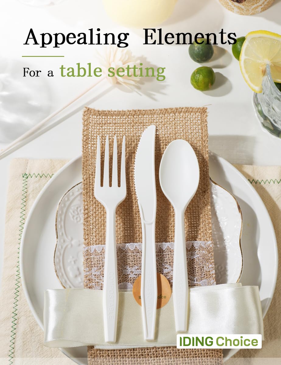 IDING Choice 380 Count Heavy Duty Compostable Cutlery Set 140 plastic forks 120 spoons 120 knives eco-friendly no plastic silverware compostable utensils for Weddings, Parties, Office, Camping, Picnic