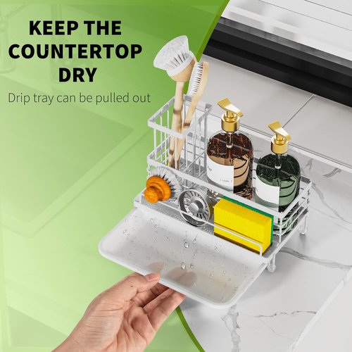 Cisily Stainless Steel Kitchen Sink Caddy - Rustproof Organizer & Non-Slip Soap Dish Holder | White