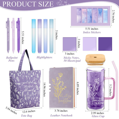 Reallnaive 14 Pcs Christian Gifts for Women Church Bible Journaling Study Kit 16oz Glass Cup Canvas Bag A6 Leather Notebook Highlighter Pen Sticky Note Sticker Fathers Day Sunday Shool Gift(Purple)