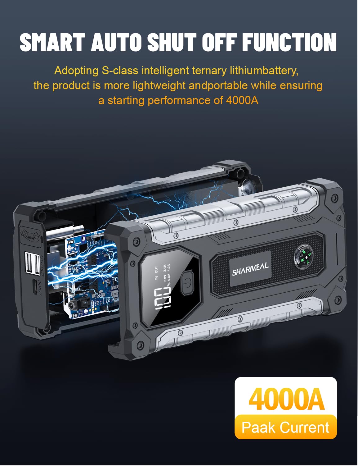 Sharmeal Car Jump Starter 4000A, Jump Starter Battery Pack for Up to 10.0L Gas and 8.0L Diesel Engines, 12V Portable Jump Box with LED Light