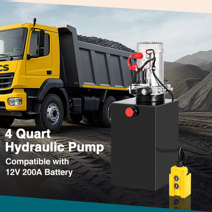 4 Quart Hydraulic Pump Single Acting Hydraulic Dump Trailer Pump 3200 PSI Hydraulic Power Unit with 12V DC Metal Oil Reservoir, Single Action Powering Unit, SAE #6 Ports